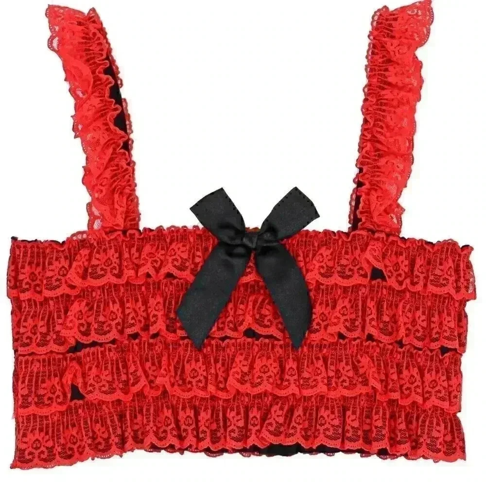 Red Black Ruffled Bow Cropped Tank Top Small Square Neckline Cottagecore Top